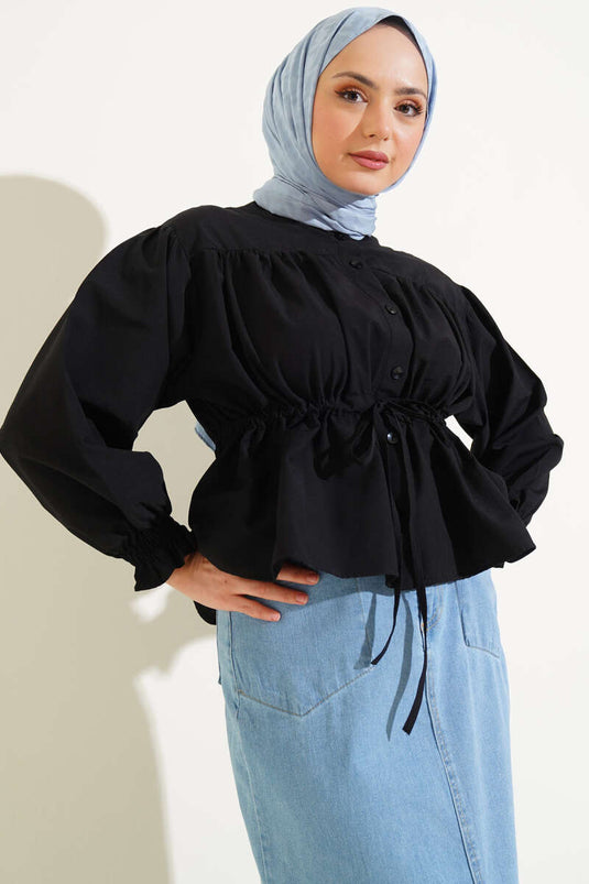 Bel Tünelli Büzgülü Korte Blouse Zwart