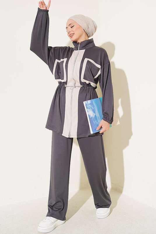Belted Pocket Knit Two-Piece Set In Smoke Grey
