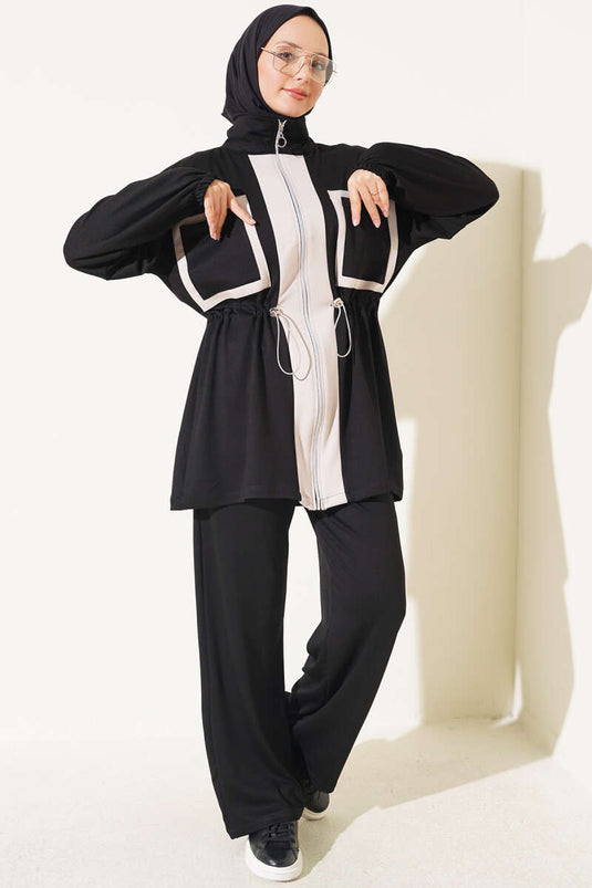 Ensemble Deux Pièces Noir Avec Ceinture Et Poches