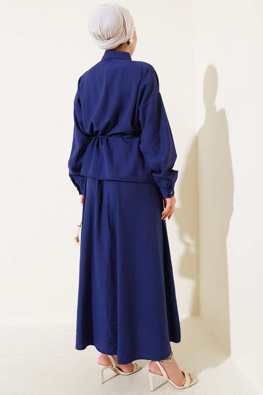 Bel Tünelli Cep Kapaklı Etekli İkili Takım Lacivert