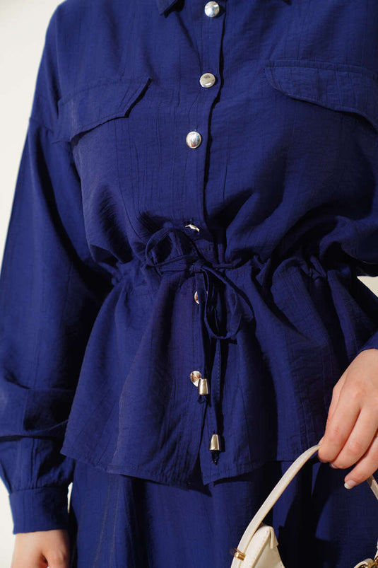 Bel Tünelli Cep Kapaklı Etekli İkili Takım Lacivert