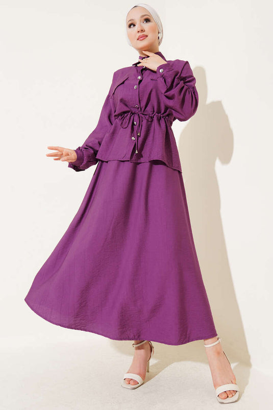 Bel Tünelli Cep Kapaklı Etekli İkili Takım Mor