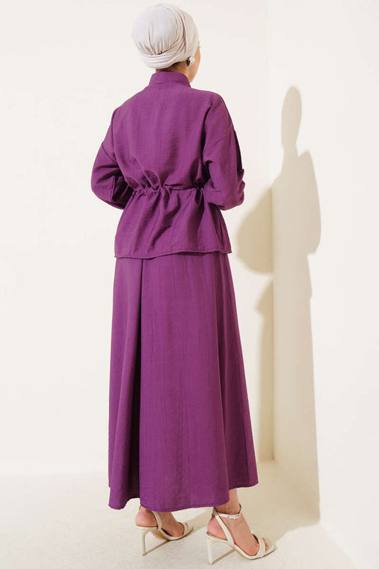 Bel Tünelli Cep Kapaklı Etekli İkili Takım Mor