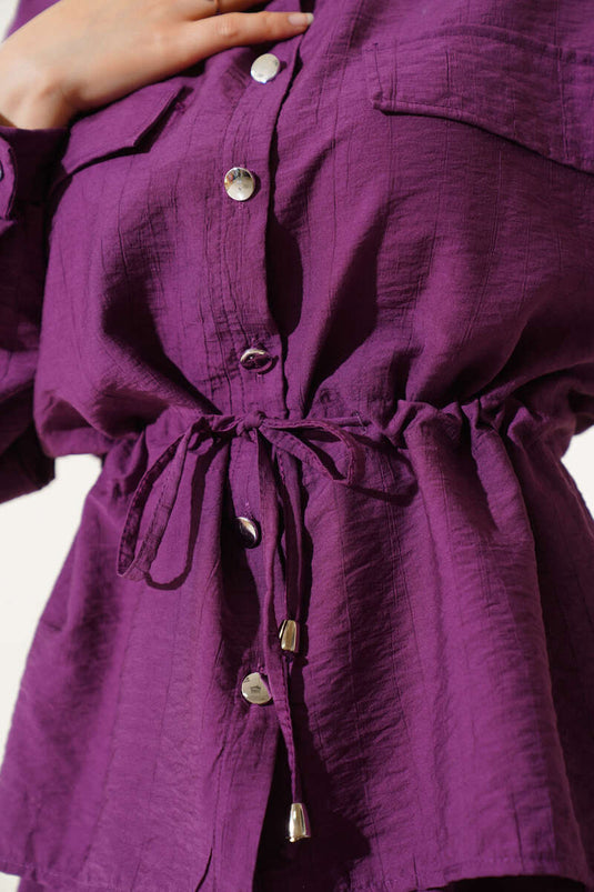 Bel Tünelli Cep Kapaklı Etekli İkili Takım Mor