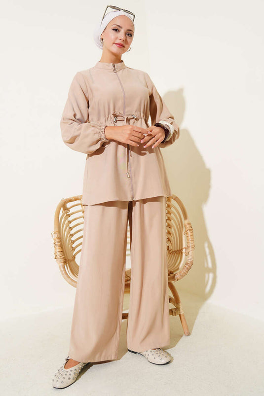 Waist Tunnel Pocket Cover Tencel Two Piece Set Latte