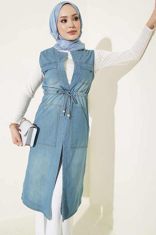 Hellblauer Jeansweste Mit Taschen Und Tunnel