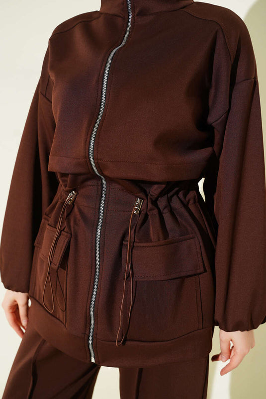 Ensemble double en scuba avec poches et col en tunnel Bel, couleur marron