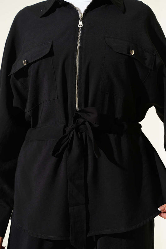 طقم من قطعتين مع حزام خصر وجيبين مزدوجين، أسود