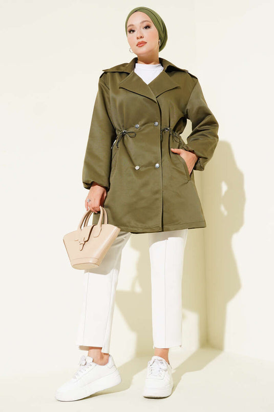 Waist Tunnel Snap Button Trench Coat Khaki