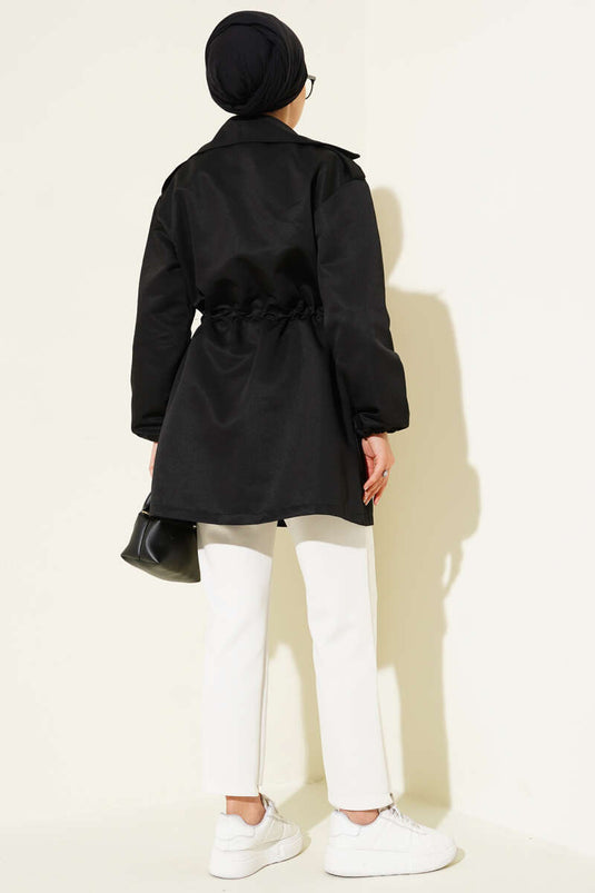 Waist Tunnel Snap Button Trench Coat Black