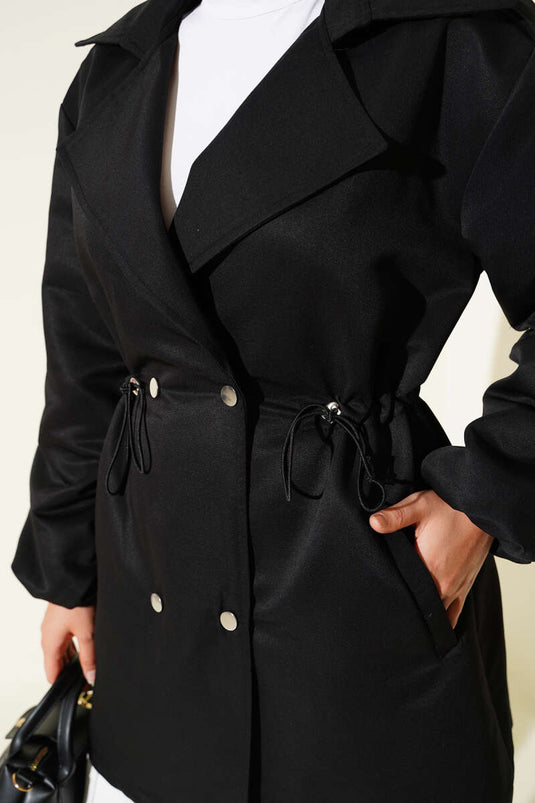 Waist Tunnel Snap Button Trench Coat Black