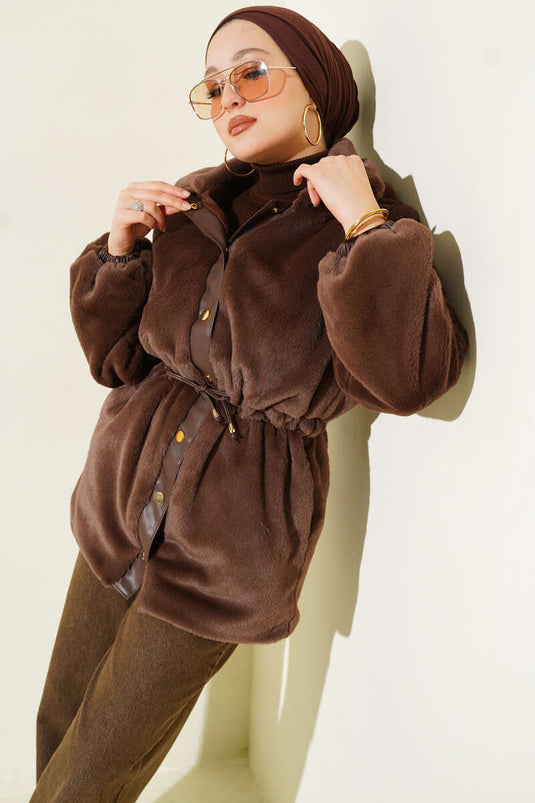 Bel Tünelli Çıtçıtlı Peluş Ceket Kahve