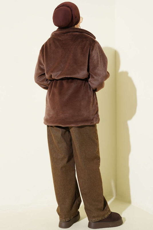 Bel Tünelli Çıtçıtlı Peluş Ceket Kahve