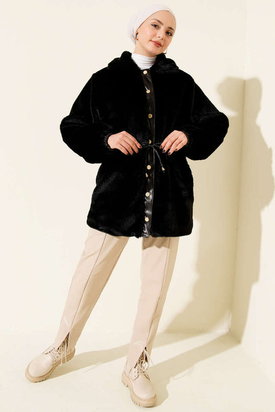 Bel Tünelli Çıtçıtlı Peluş Ceket Siyah