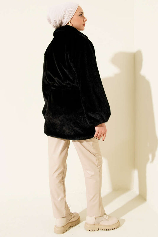 Bel Tünelli Çıtçıtlı Peluş Ceket Siyah