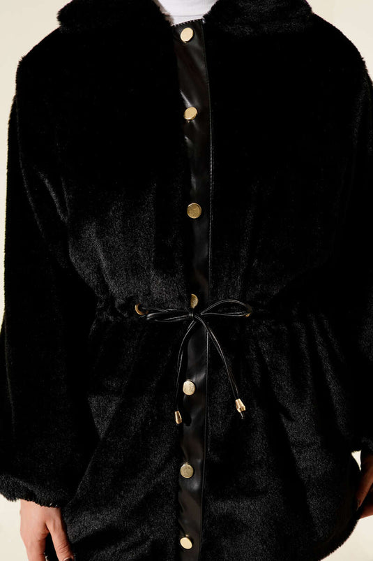 Bel Tünelli Çıtçıtlı Peluş Ceket Siyah