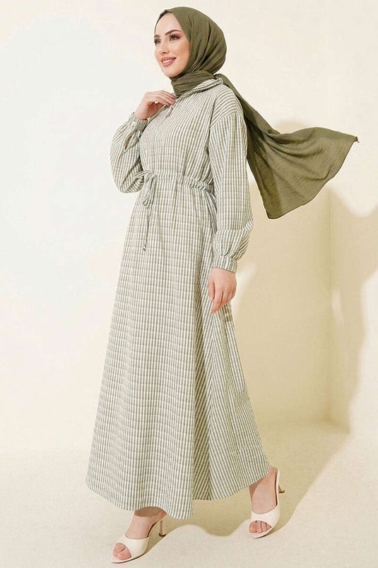 Belted Striped Crinkle Dress Khaki