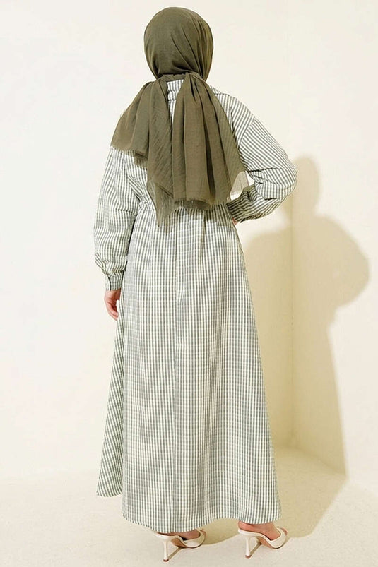 Belted Striped Crinkle Dress Khaki
