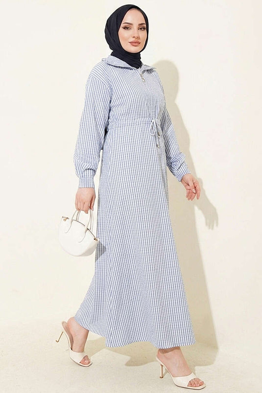 Bel Tünelli Gestreiftes Waffelkleid Blau