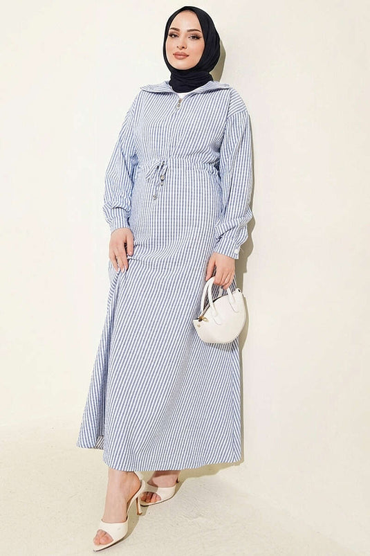 Bel Tünelli Gestreiftes Waffelkleid Blau
