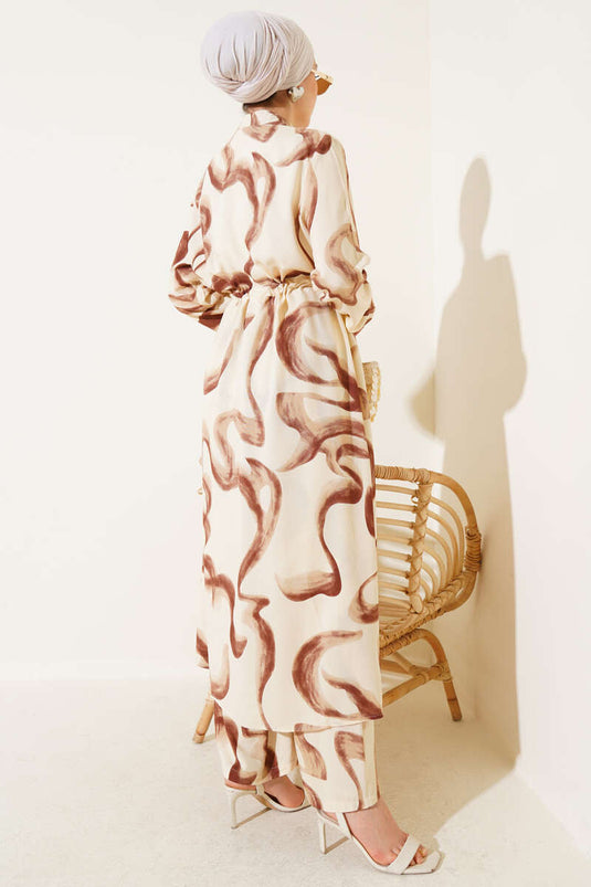 Bel Tünelli Desenli Uzun Gömlek İkili Takım Kahve