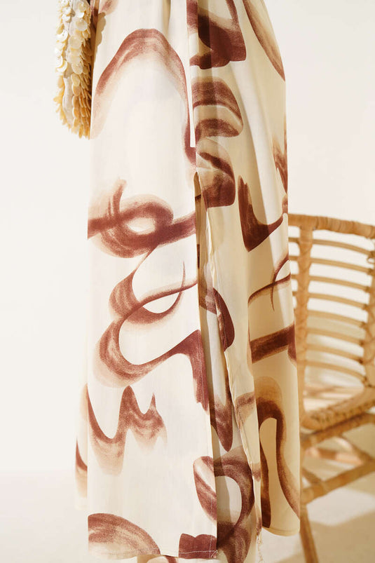 Bel Tünelli Desenli Uzun Gömlek İkili Takım Kahve