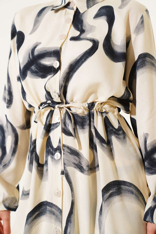 Bel Tünelli Desenli Uzun Gömlek İkili Takım Siyah