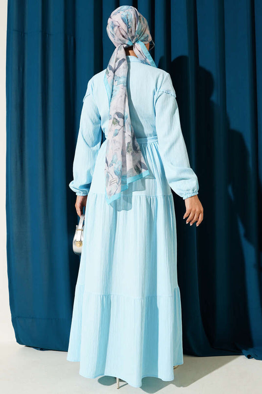 Bel Tünelli Düğmeli Ağaç Kabuğu Elbise Bebe Mavi