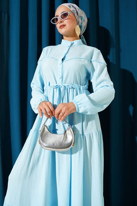 Waist Tunnel Buttoned Tree Bark Dress Baby Blue