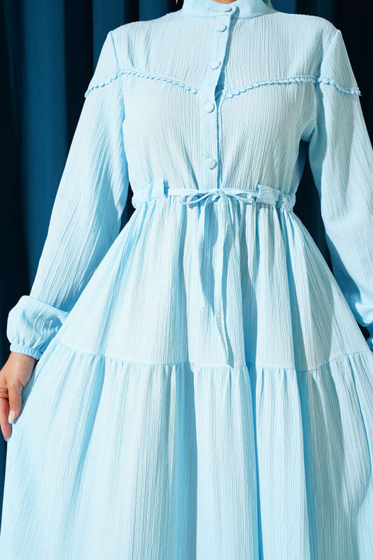 Waist Tunnel Buttoned Tree Bark Dress Baby Blue