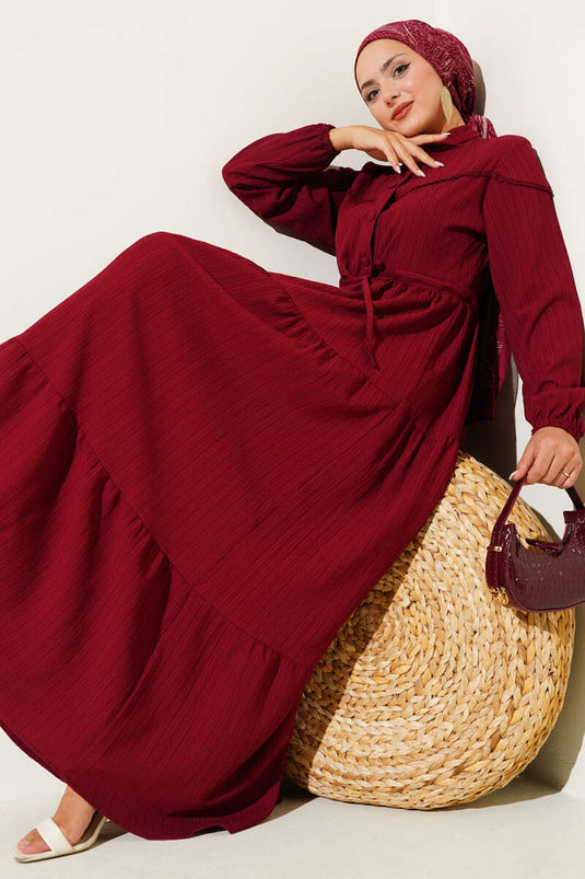 Belted Tunic Buttoned Tree Bark Dress Burgundy