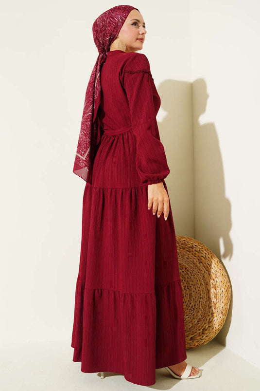 Belted Tunic Buttoned Tree Bark Dress Burgundy