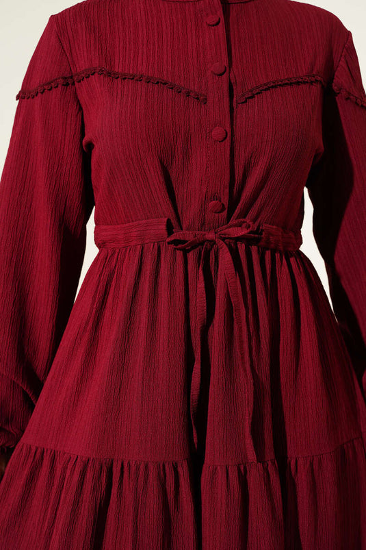Belted Tunic Buttoned Tree Bark Dress Burgundy