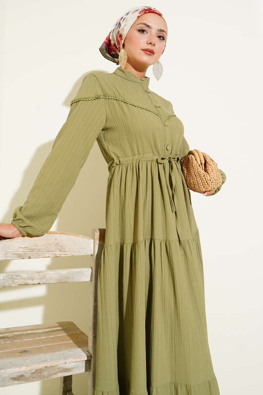 Buttoned Tree Bark Dress with Waist Tunnel, Almond Green