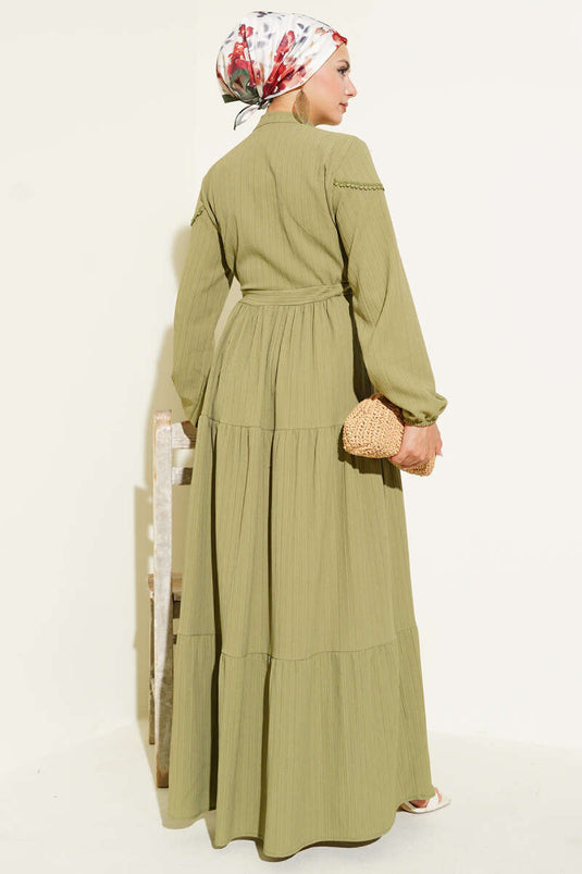 Buttoned Tree Bark Dress with Waist Tunnel, Almond Green