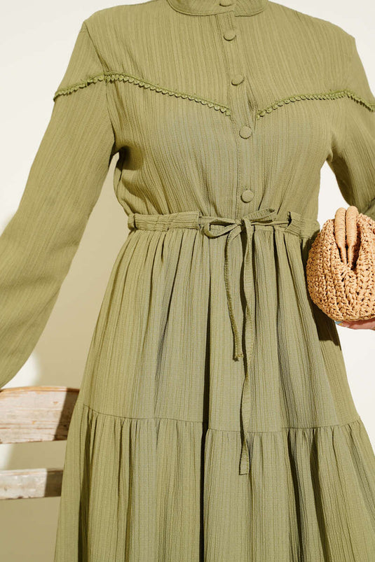 Buttoned Tree Bark Dress with Waist Tunnel, Almond Green