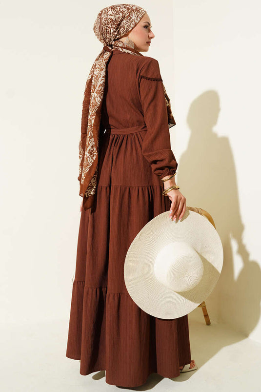 Buttoned Tree Bark Dress with Waist Tunnel and Brown