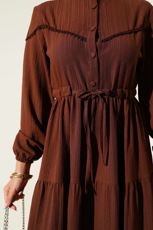 Buttoned Tree Bark Dress with Waist Tunnel and Brown