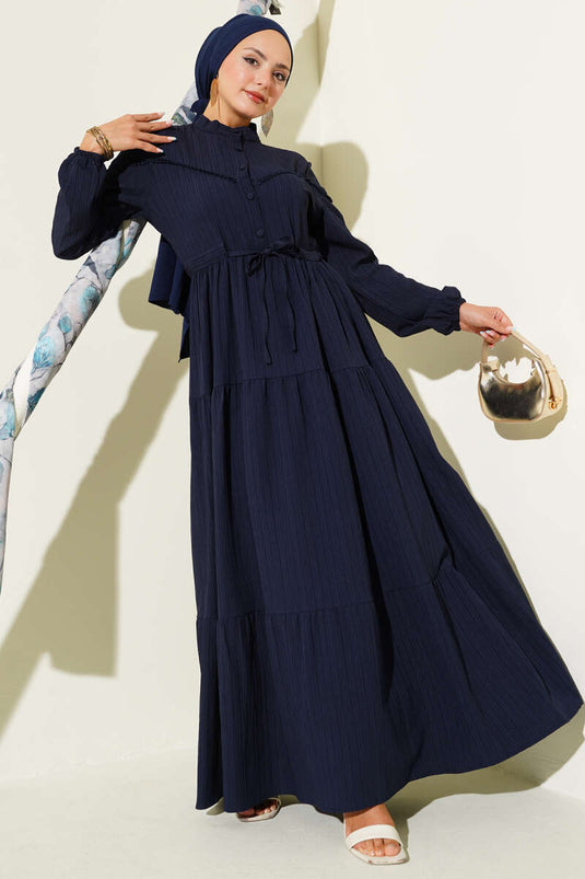 Buttoned Tree Bark Dress with Waist Tunnel and Navy Blue
