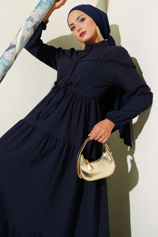 Buttoned Tree Bark Dress with Waist Tunnel and Navy Blue