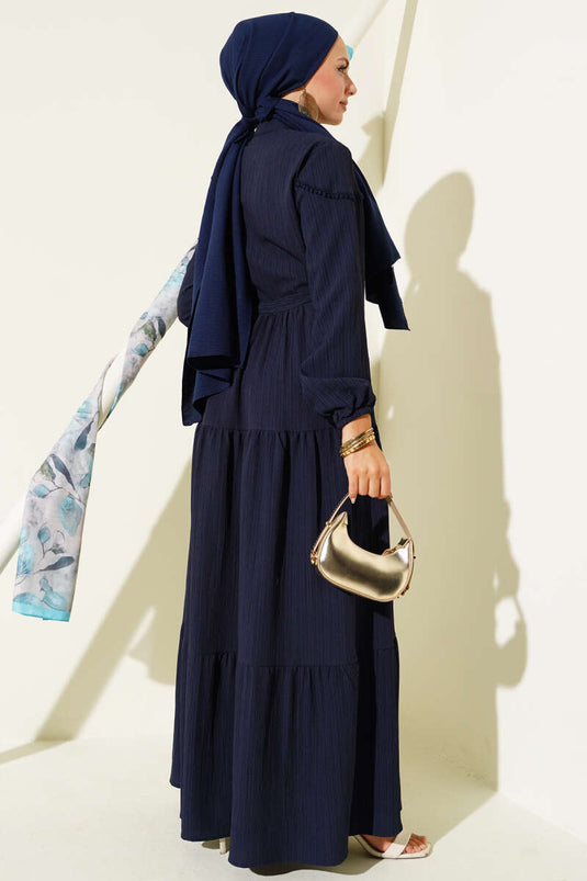 Buttoned Tree Bark Dress with Waist Tunnel and Navy Blue