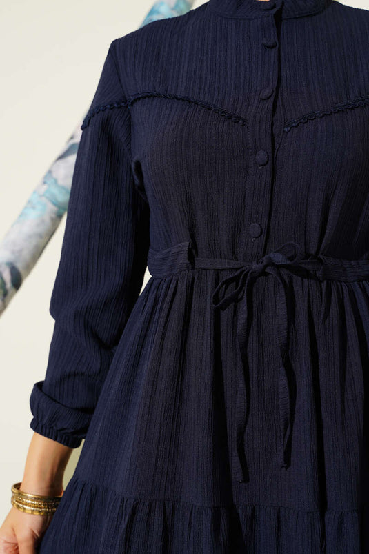 Buttoned Tree Bark Dress with Waist Tunnel and Navy Blue