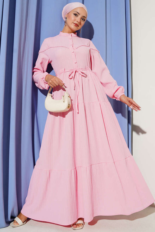 Buttoned Tree Bark Dress with Waist Tunnel and Pink