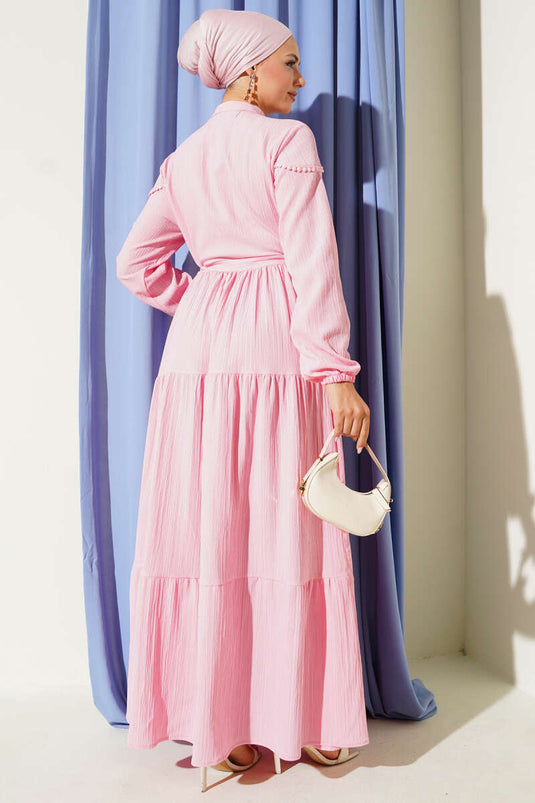 Buttoned Tree Bark Dress with Waist Tunnel and Pink