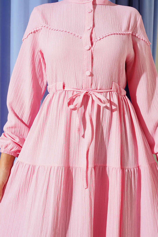 Buttoned Tree Bark Dress with Waist Tunnel and Pink
