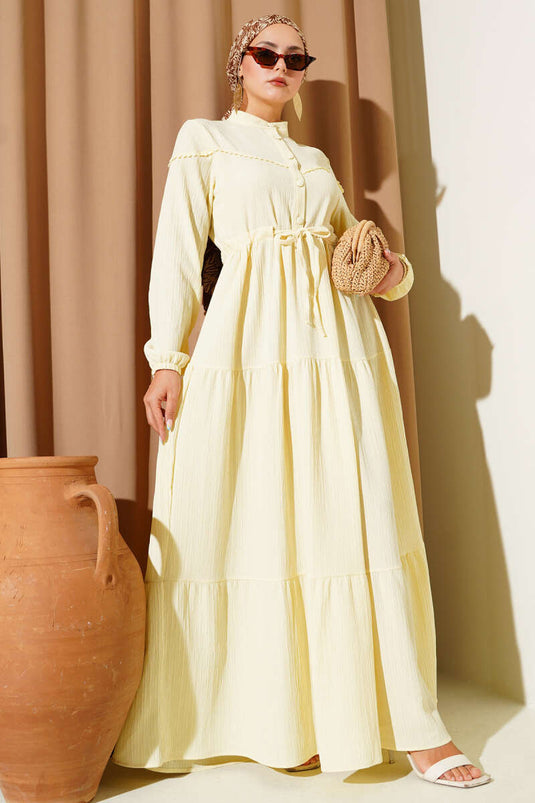 Bel Tünelli Düğmeli Ağaç Kabuğu Elbise Sarı