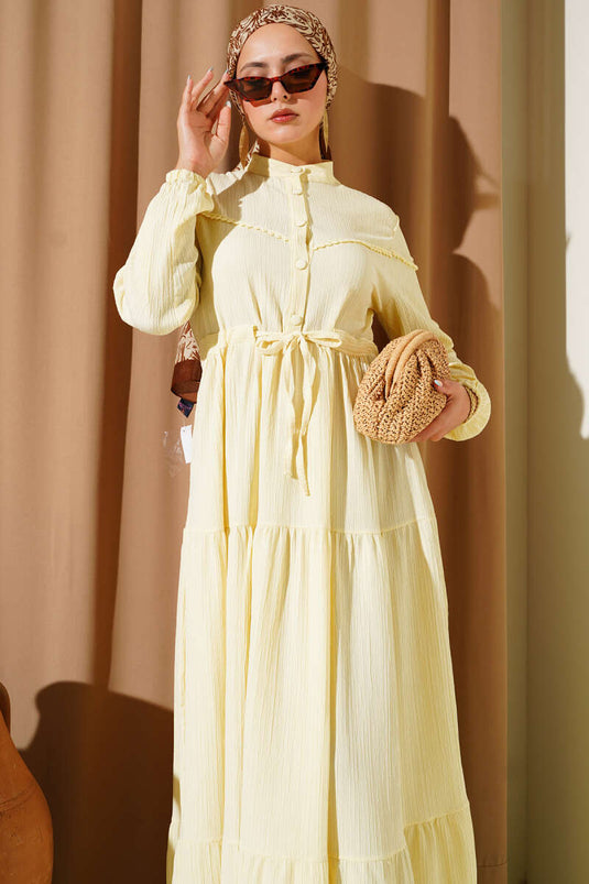 Bel Tünelli Düğmeli Ağaç Kabuğu Elbise Sarı