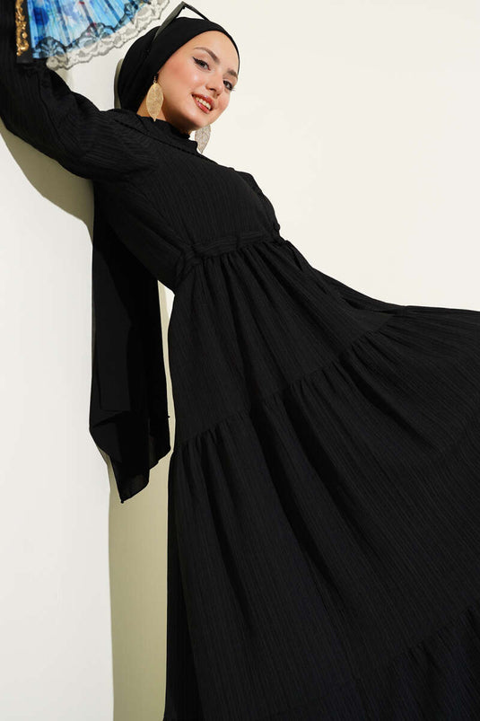 Bel Tünelli Düğmeli Ağaç Kabuğu Elbise Siyah