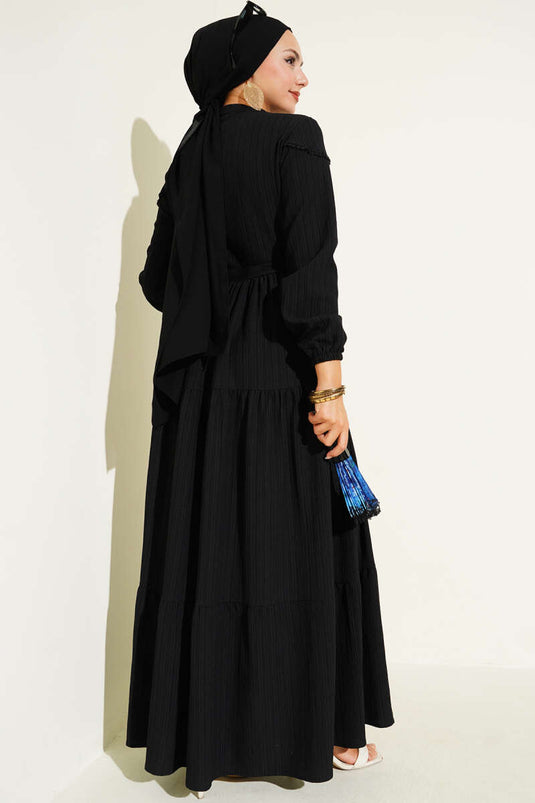 Bel Tünelli Düğmeli Ağaç Kabuğu Elbise Siyah