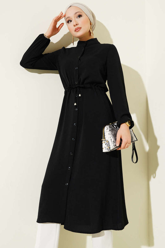 Bel Tünelli Düğmeli Ayrobin Kap Siyah